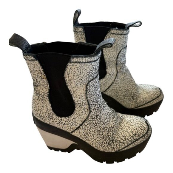 Hunter Boots Chelsea Crackle Leather Black and White Platform Wedge Size 6 - Picture 1 of 12
